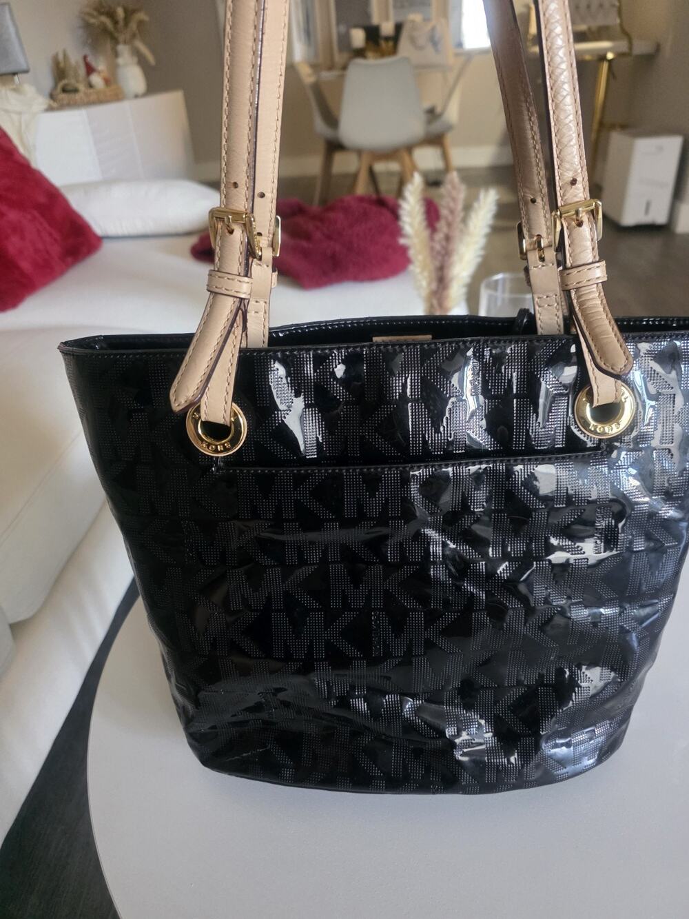 Michael Kors Monogram Tote Black Beige Straps Gold Hardware Zip Medium Charm